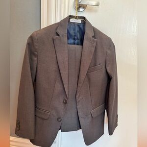 Izod Boys Charcoal Suit with White Collared Shirt and Clip-on Tie